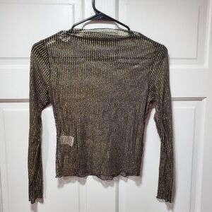 RAGGED Women Top Size XS Mesh Metallic Long Sleeve Lightweight Gold/Black Grunge